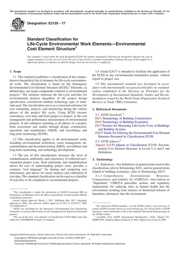 ASTM E2150-17 Standard Classification for Life-Cycle Environmental Work ElementsEnvironmental Cost Element Structure