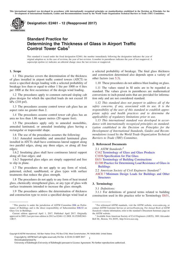 ASTM E2461-12(2017) Standard Practice for Determining the Thickness of Glass in Airport Traffic Control Tower Cab