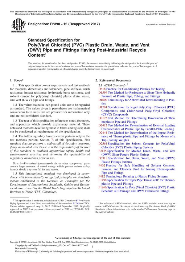 ASTM F2390-12(2017) Standard Specification for Poly(Vinyl Chloride) (PVC) Plastic Drain, Waste, and Vent (DWV) Pipe and Fitting