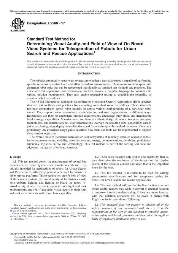 ASTM E2566-17 Standard Test Method for Determining Visual Acuity and Field of View of On-Board Video Systems for Teleoperation o