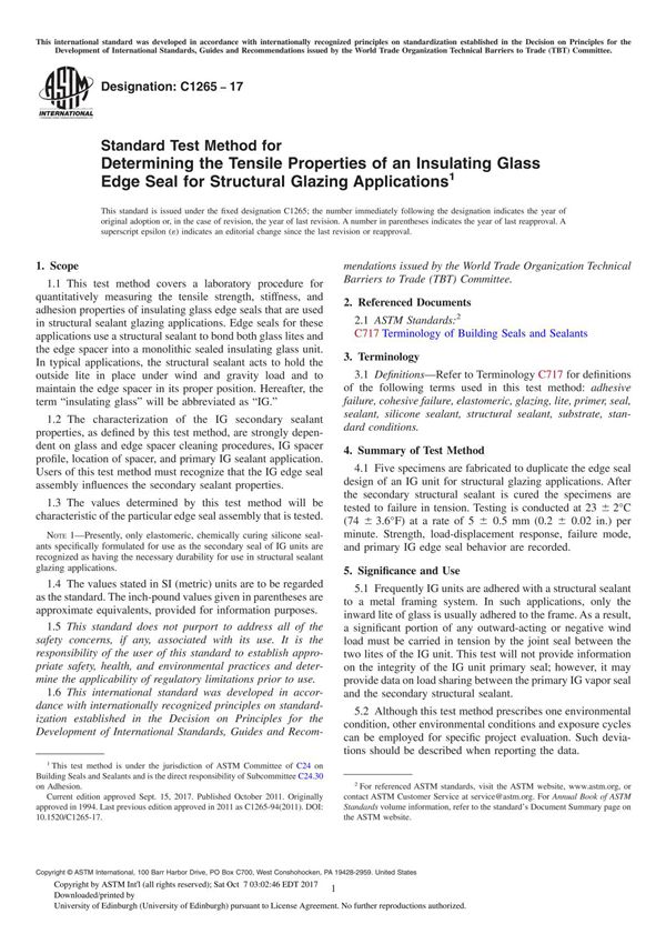 ASTM C1265-17 Standard Test Method for Determining the Tensile Properties of an Insulating Glass Edge Seal for Structural Glazin