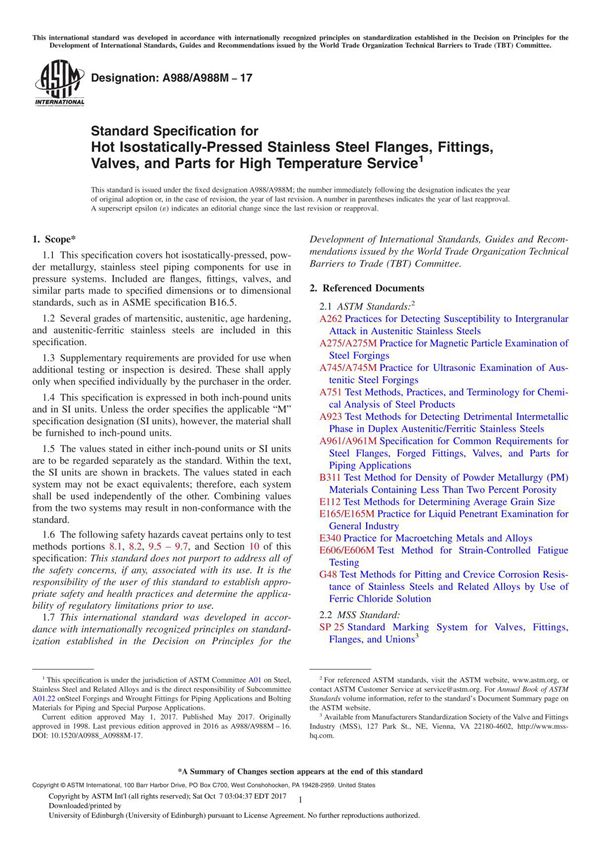 ASTM A988A988M-17 Standard Specification for Hot Isostatically-Pressed Stainless Steel Flanges, Fittings, Valves, and Parts for