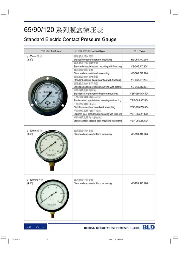 布莱迪压力表 压力开关说明书YE 65 90 120