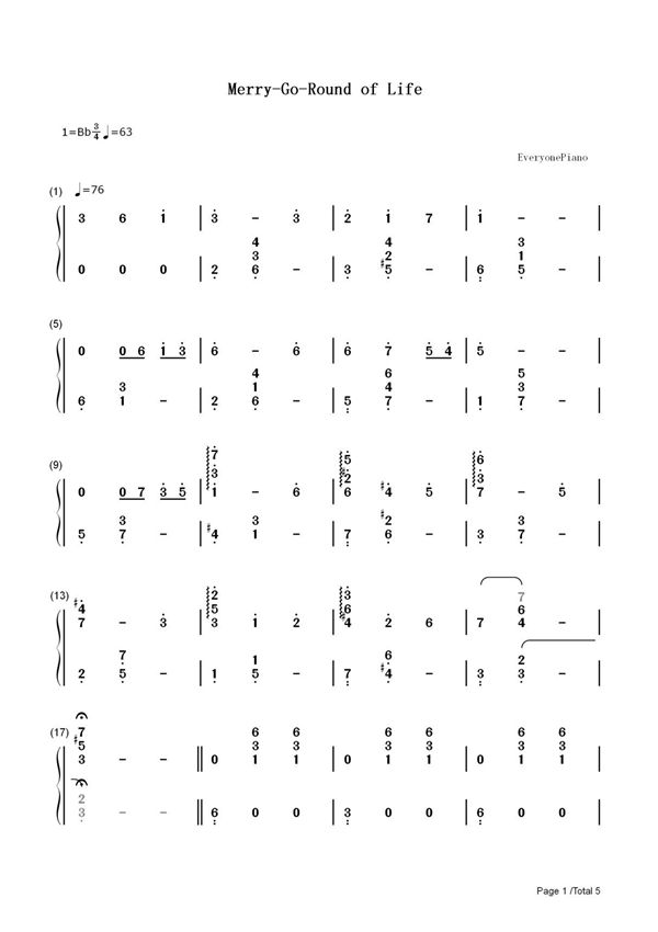 钢琴谱 Merry-Go-Round of Life-哈尔的移动城堡主题曲 双手简谱 共5张(全)