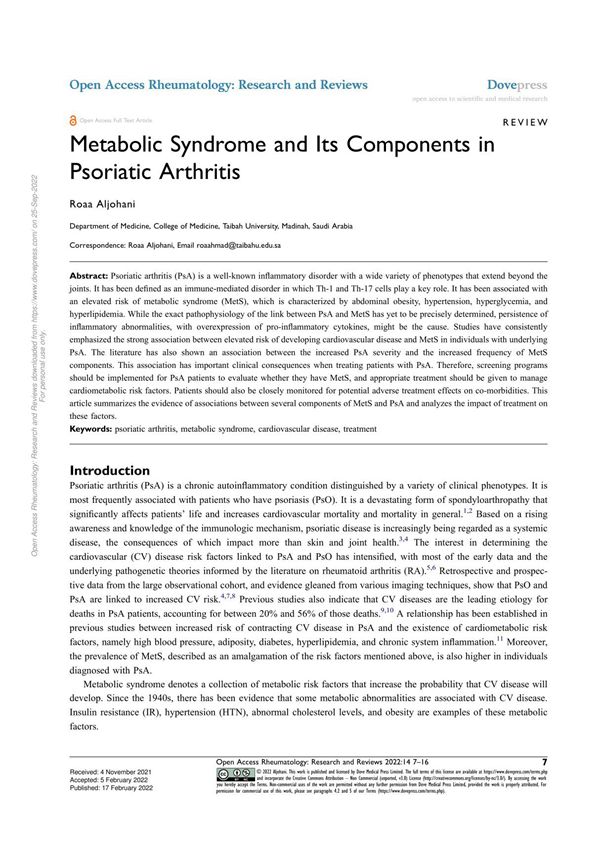 Metabolic Syndrome and Its Components in Psoriatic Arthritis 2022 Roaa Aljohani