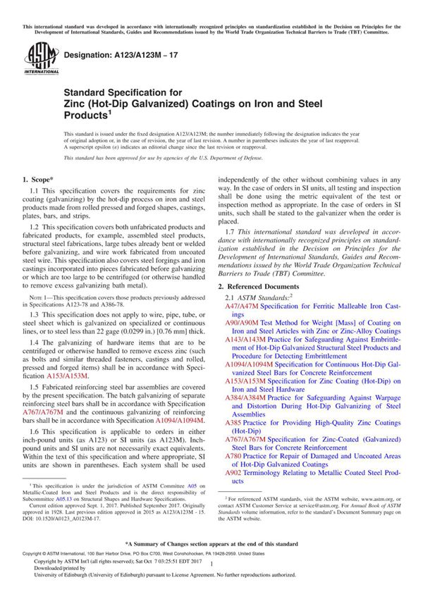ASTM A123 A123M-2017 钢铁制品用锌(热镀锌)镀层标准规范