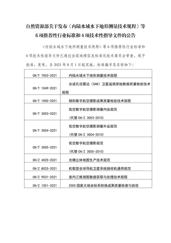 2021《内陆水域水下地形测量技术规程》等6项推荐性行业标准