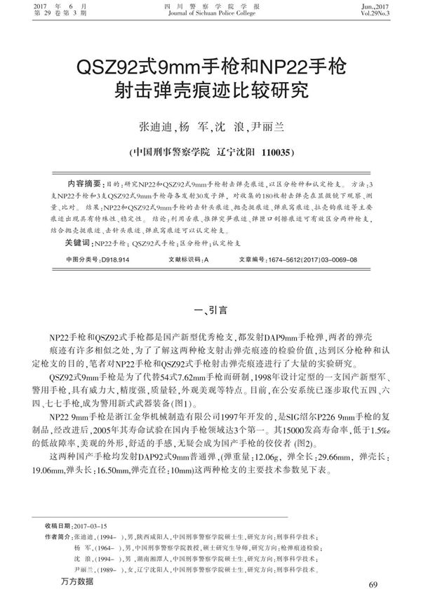 QSZ92式9mm手枪和NP22手枪射击弹壳痕迹比较研究