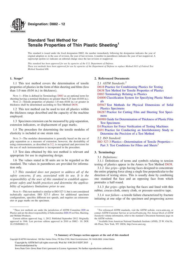 ASTM D882-12 Standard Test Method for Tensile Properties of Thin Plastic Sheeting