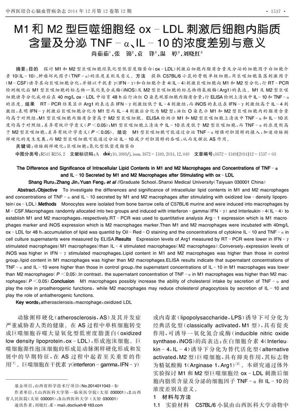 M1和M2型巨噬细胞经ox LDL刺激后细胞内脂质含量及分泌TNF α IL 10的浓度差别与意义