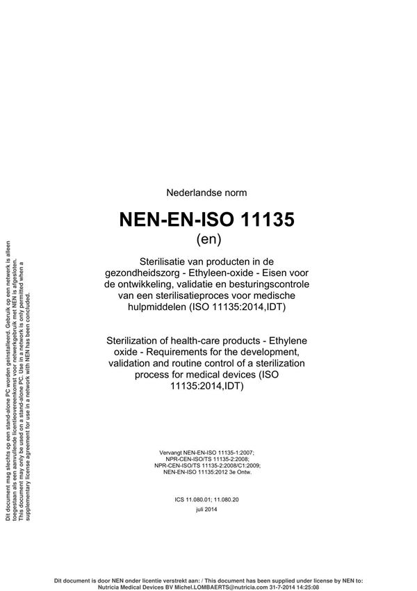 NEN EN ISO 11135-2014 灭菌医疗产品 环氧乙烷 医疗器械灭菌验证 批准和常规控制过程