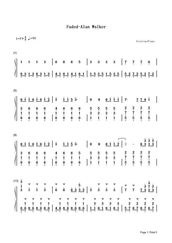 钢琴谱 Faded-Alan Walker 双手简谱 共5张(全)