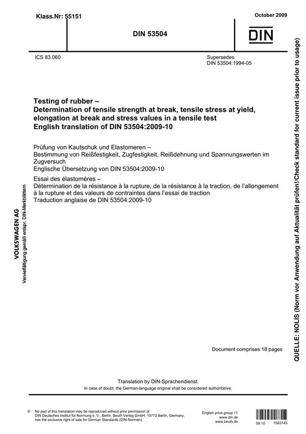 Din 53504 Testing of rubber Determination of tensile strength at break, tensile stress at yield,