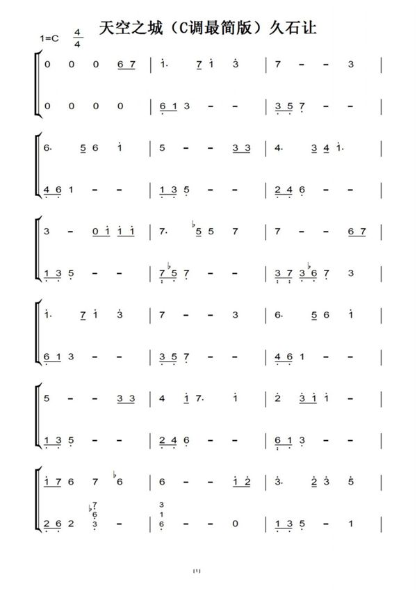 天空之城(C调最简版)久石让(原版)钢琴双手简谱钢琴谱