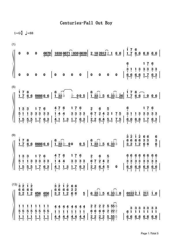 Centuries简谱钢琴谱 简谱双手数字完整版原版