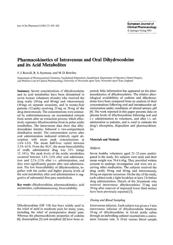 《欧洲临床药理学杂志》SCI论文European Journal of Clinical Pharmacology 1983 Volume 25 Page 419-424