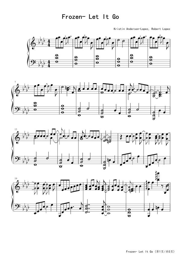 Let It Go(随他吧，冰雪奇缘主题曲 )钢琴谱五线谱
