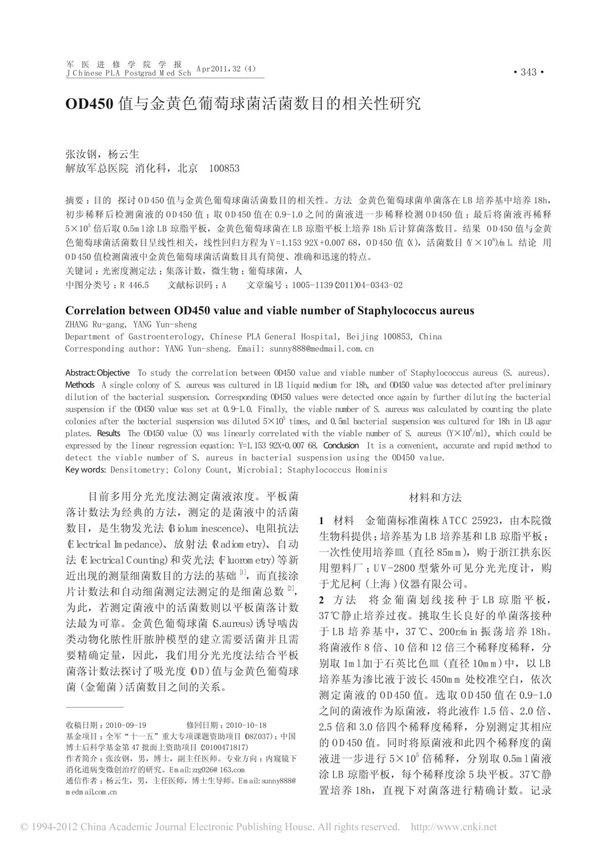 OD450值与金黄色葡萄球菌活菌数目的相关性研究