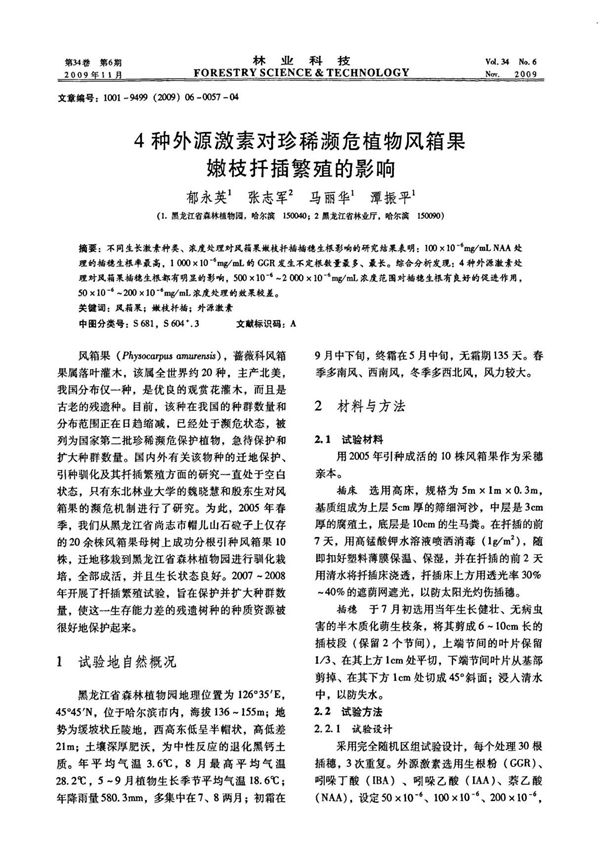 4种外源激素对珍稀濒危植物风箱果嫩枝扦插繁殖的影响