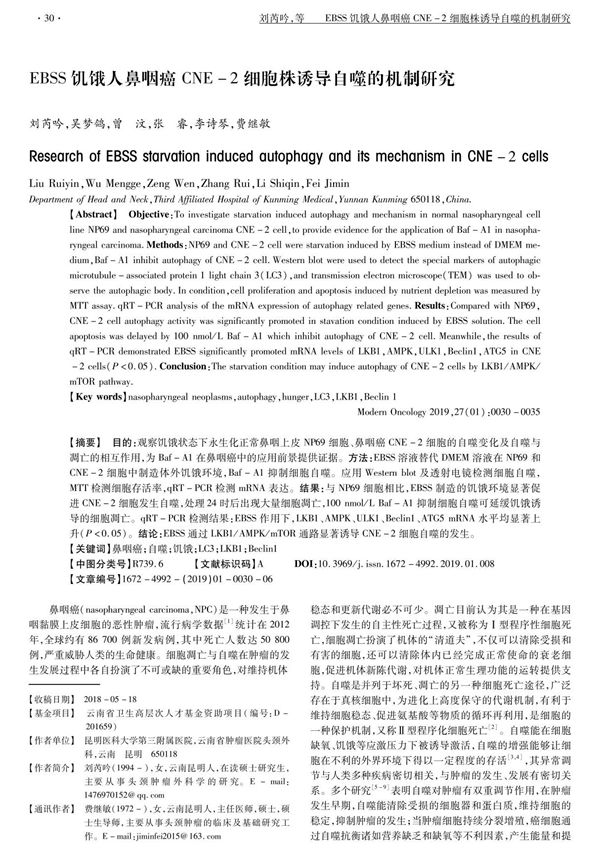 EBSS饥饿人鼻咽癌CNE-2细胞株诱导自噬的机制研究