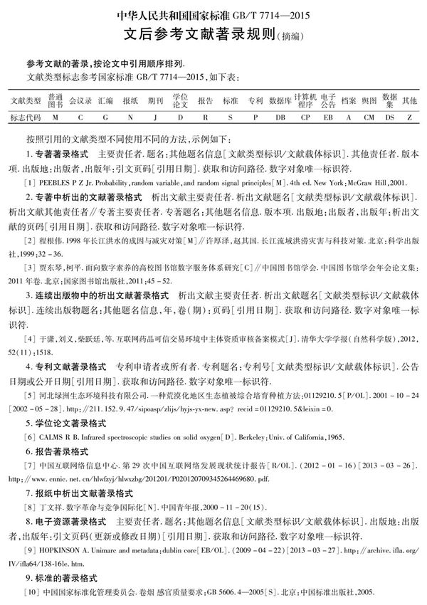 中华人民共和国国家标准GB/T7714-2015文后参考文献著录规则(摘编)