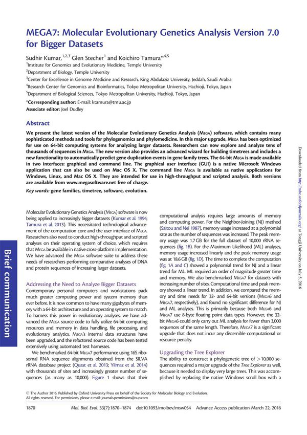 (2016). MEGA7 Molecular Evolutionary Genetics Analysis Version 7.0 for Bigger Datasets