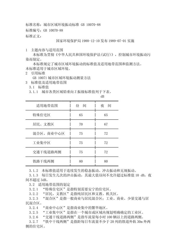 《城市区域环境振动标准》(GB10070–1988)