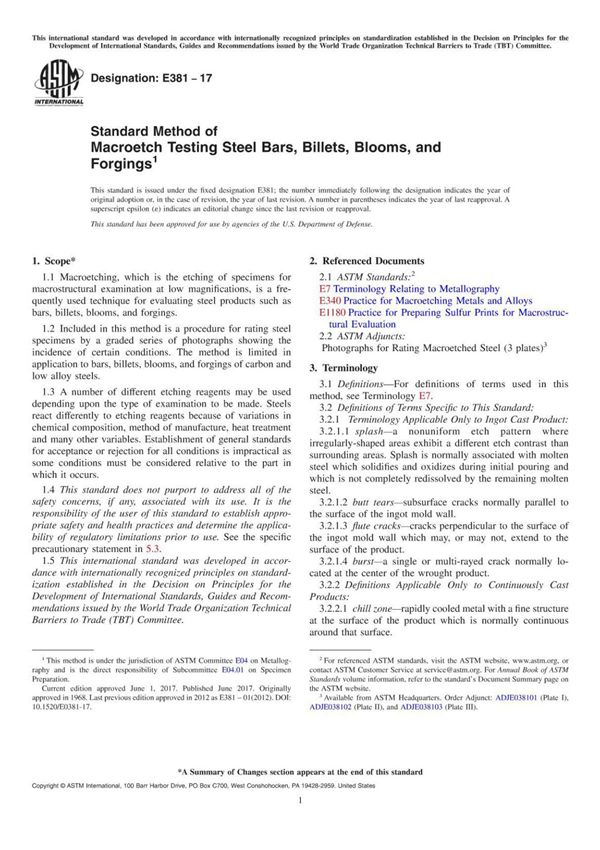 ASTM E381-2017 宏观浸蚀试验钢棒材 坯锭 大方坯和锻件的标准方法