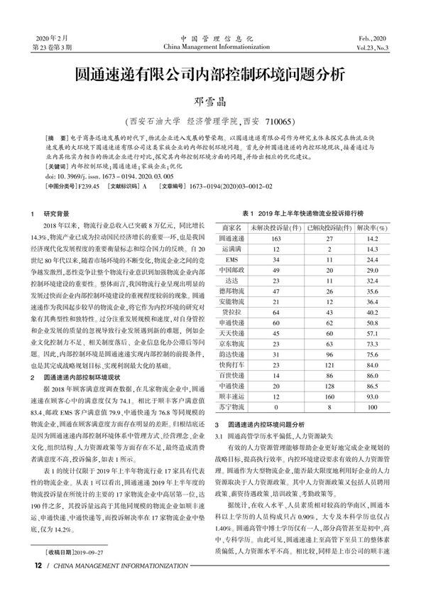 圆通速递有限公司内部控制环境问题分析