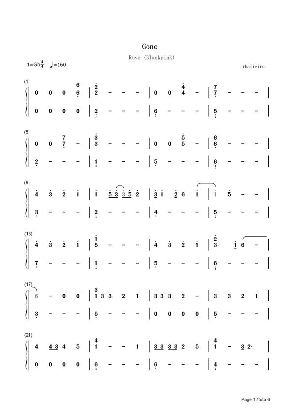钢琴谱 Gone-Rosé-Blackpink 双手简谱 共6张(全)