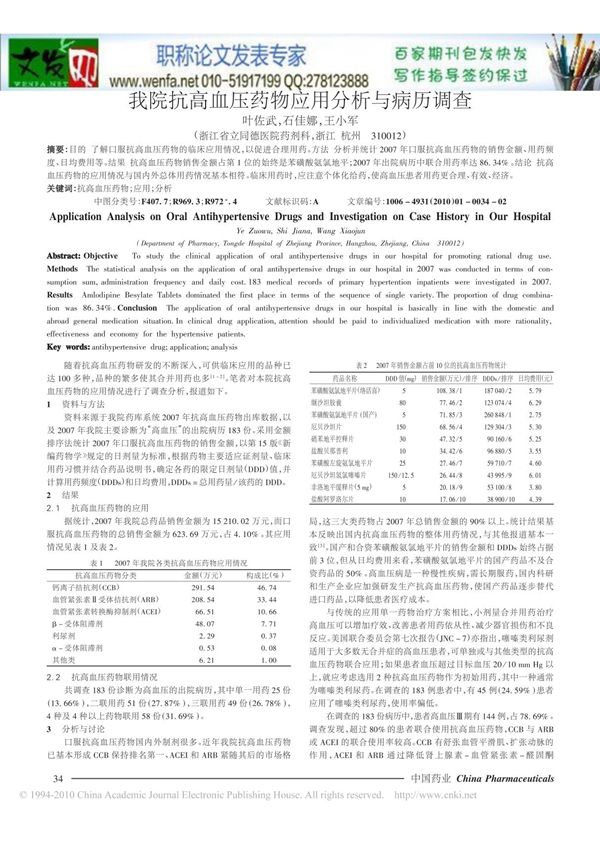 抗高血压药论文降压药论文-我院抗高血压药物应用分析与病历调查