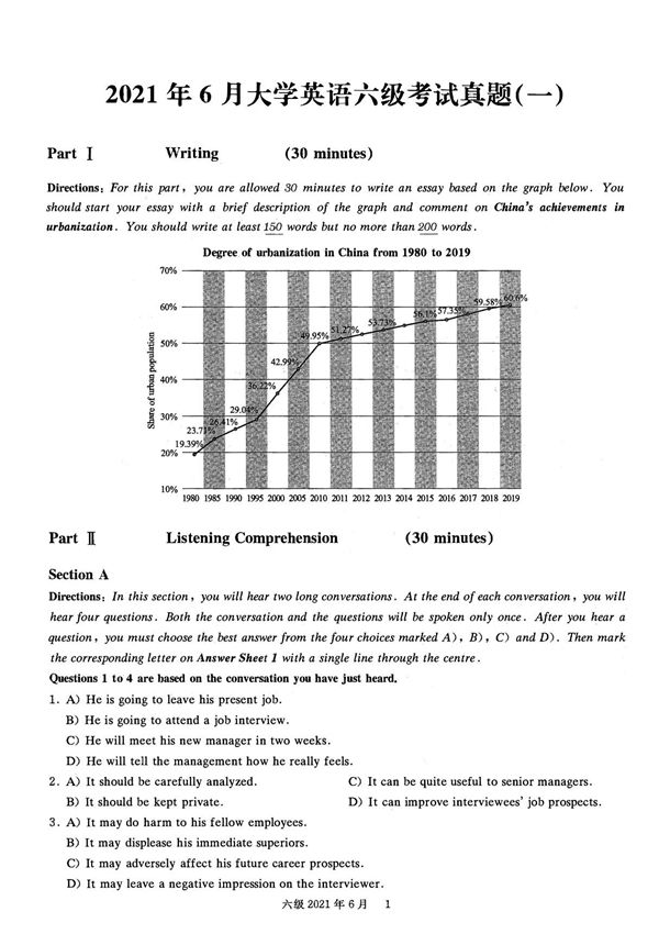 2021年6月大学英语CET六级真题和答案解析第一套