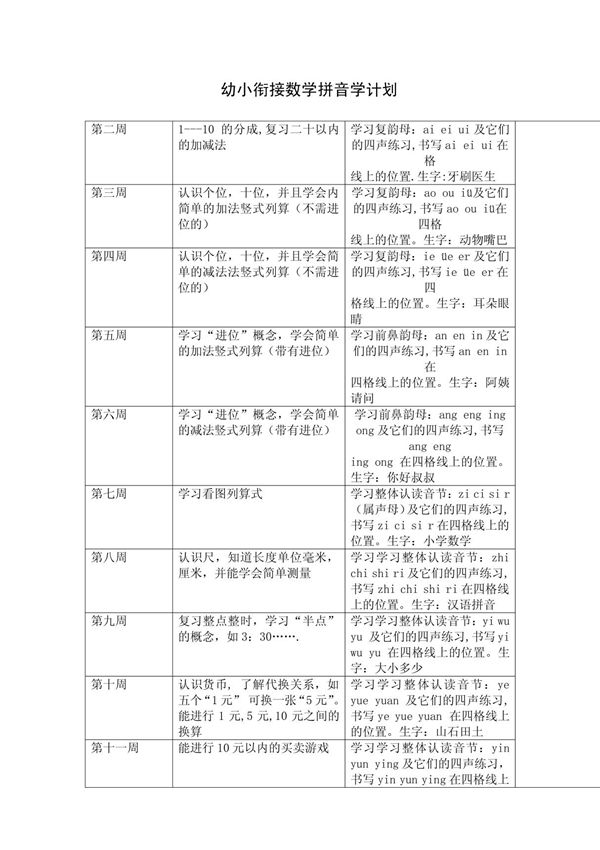 幼小衔接数学拼音学计划