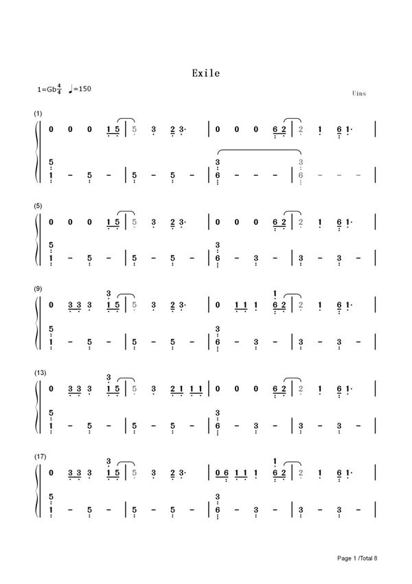 钢琴谱 Exile-Taylor Swift ft Bon Iver 双手简谱 共8张(全)