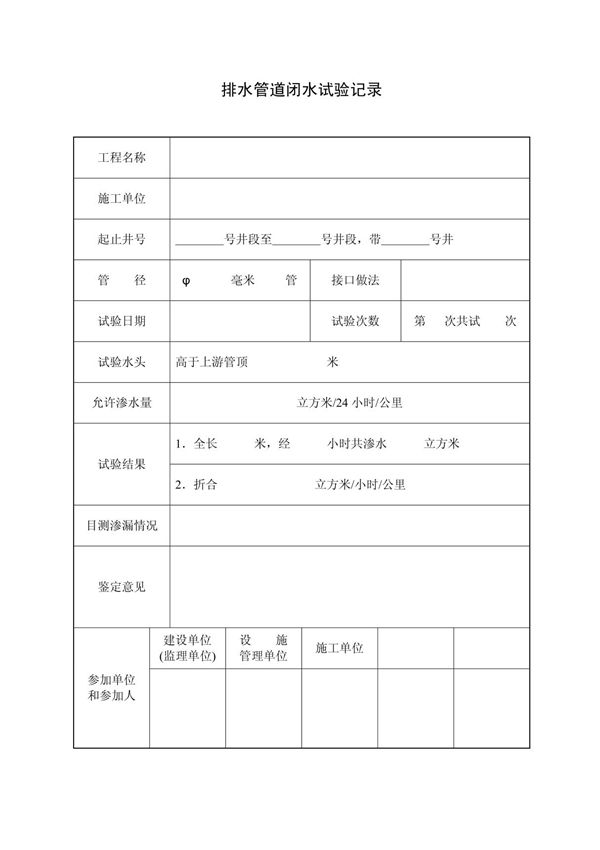 排水管道闭水试验记录