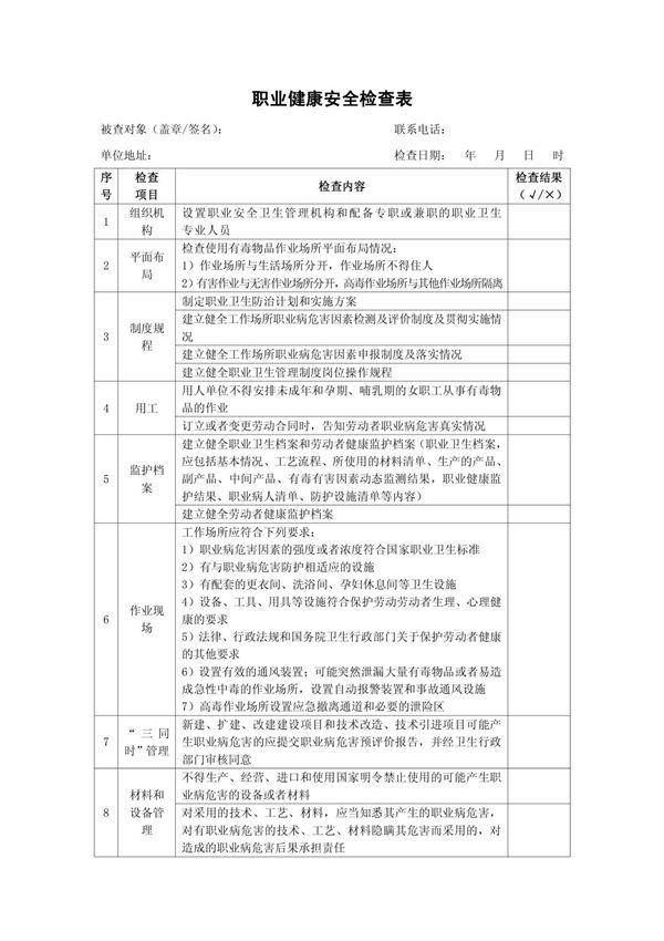 职业健康安全检查表