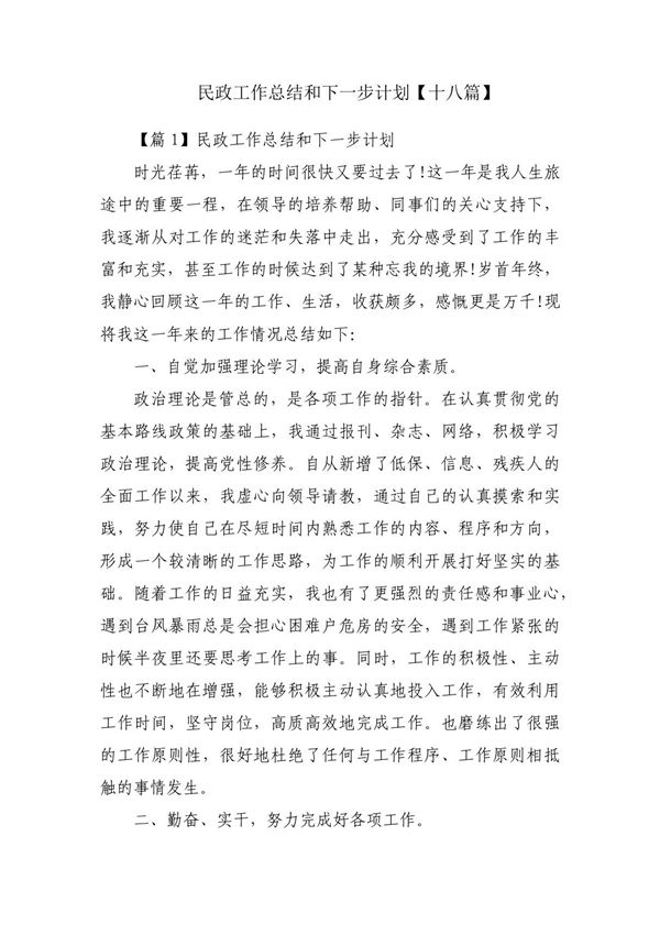 民政工作总结和下一步计划(十八篇)