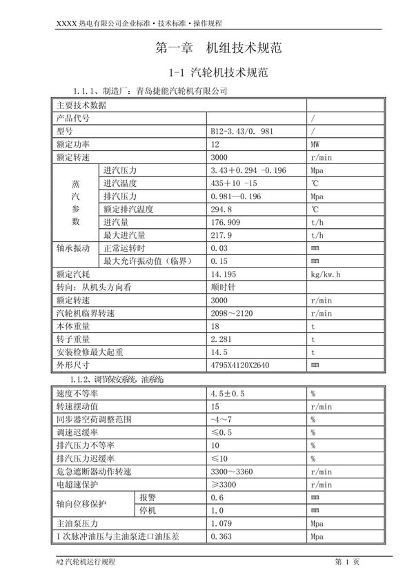 12MW背压机组运行规程