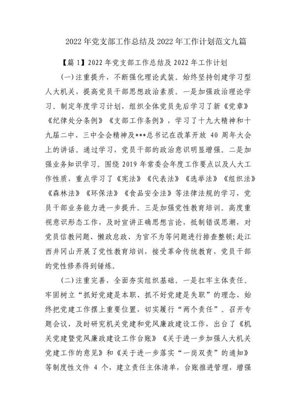 2022年党支部工作总结及2022年工作计划范文九篇