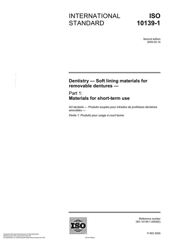 ISO 10139-1 Dentistry Soft lining materials for removable denture