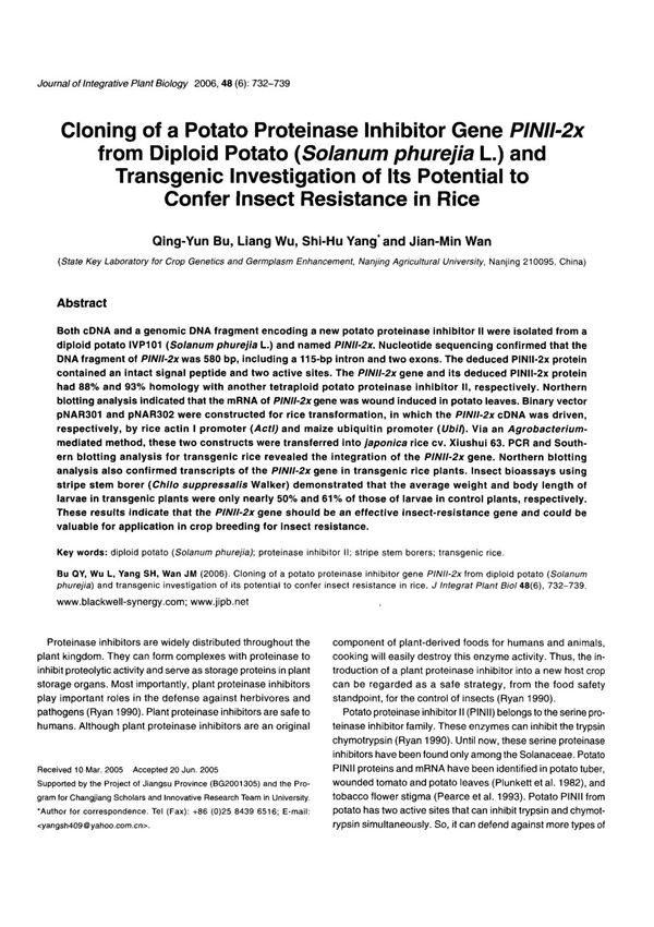 Cloning of a Potato Proteinase Inhibitor Gene PINII-2x from Diploid Potato(Solanum phurejia L.) and Transgenic Investigation of