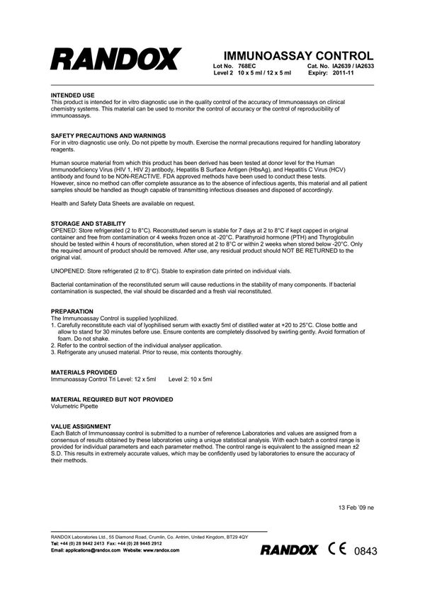 朗道RANDOX 免疫质控-2 靶值单