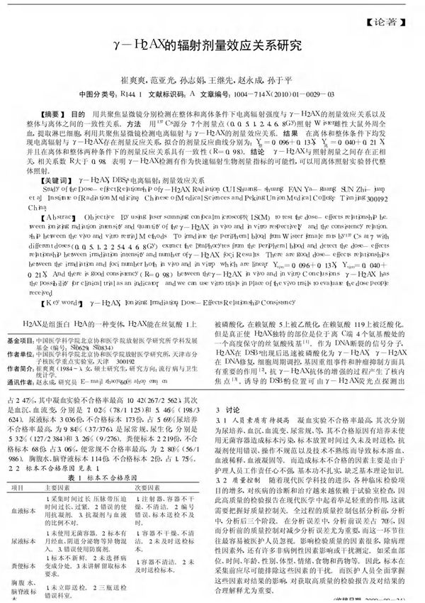 γ-H2AX的辐射剂量效应关系研究