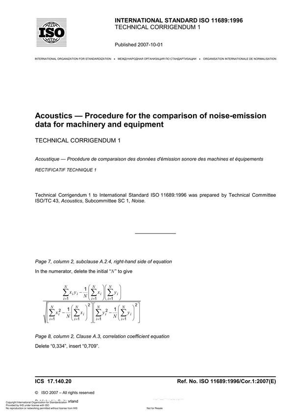 ISO 11689 Acoustics Procedure for the comparison of noise-emission data for machinery and equipment