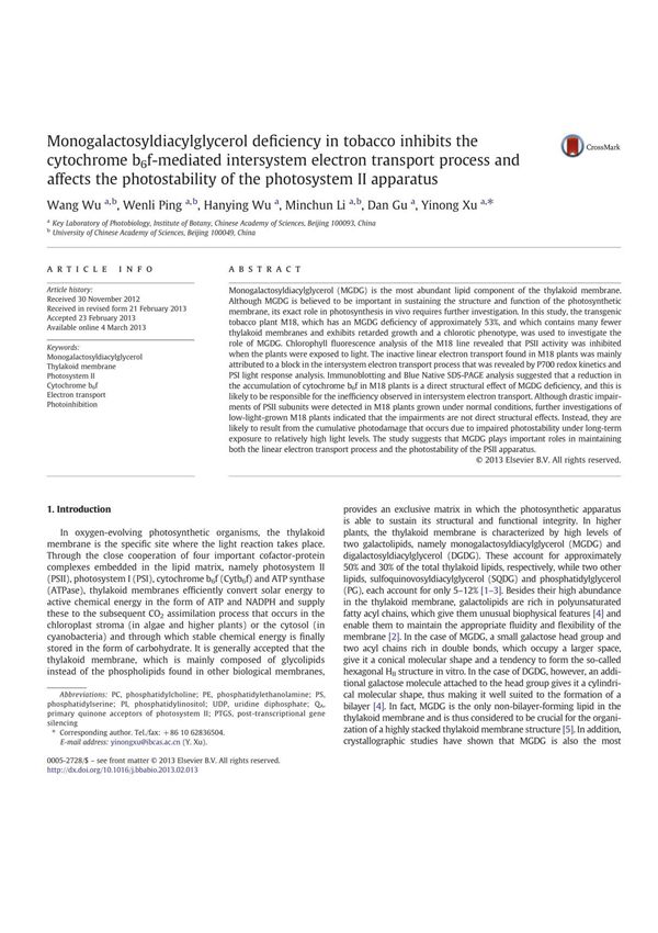 Monogalactosyldiacylglycerol deficiency in tobacco inhibits the cytochrome b(sub)6(sub)f-mediated intersystem electron transpor