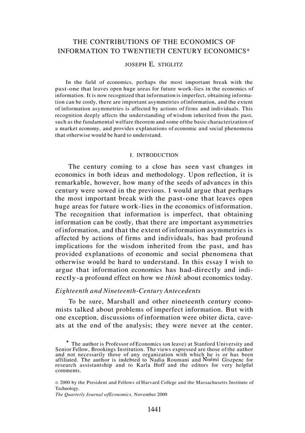 Stiglitz (2000) The contributions of the Economics of Information to Twentieth Century Economics (OCR)