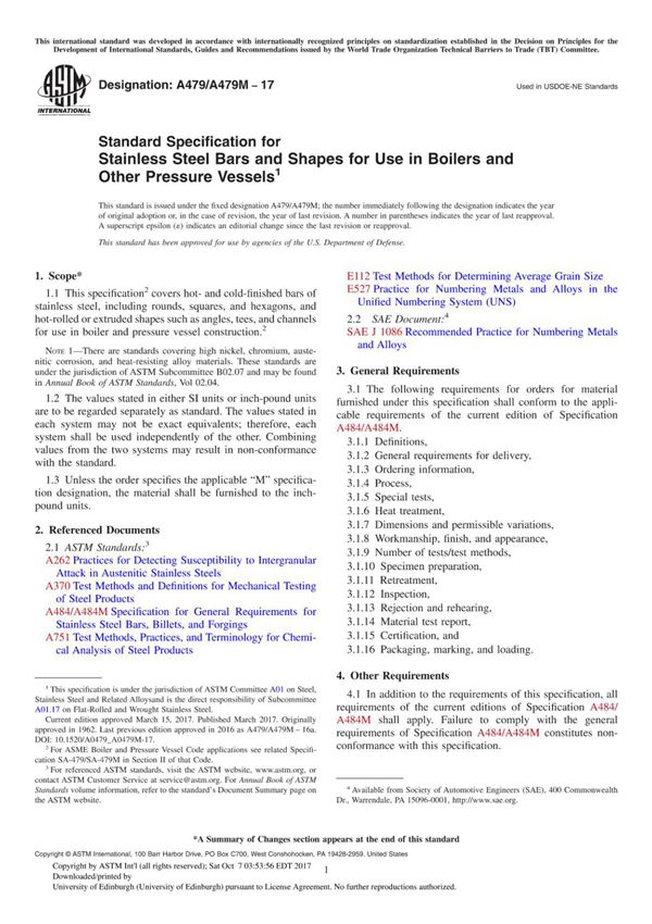 ASTM A479 A479M-2017 锅炉和其他压力容器用不锈钢棒材和形状的标准规范