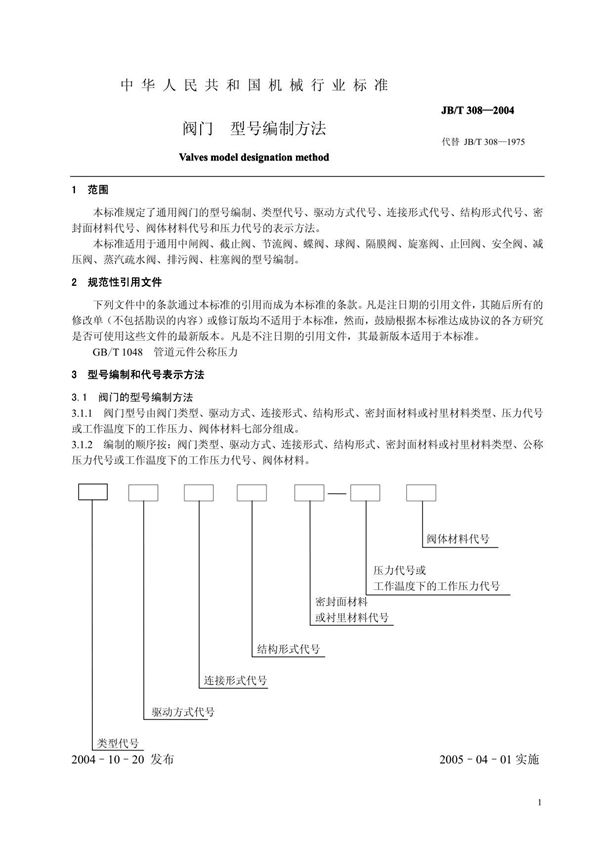 JB-T308-2004阀门 型号编制方法