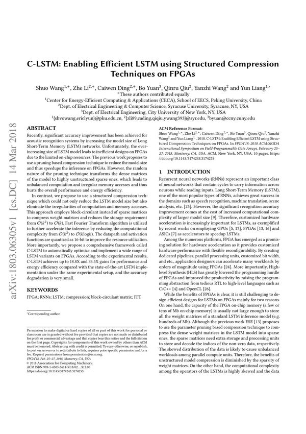 C-LSTM Enabling Efficient LSTM using Structured Compression Techniques on FPGAs