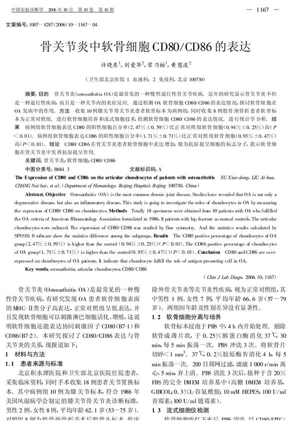 骨关节炎中软骨细胞CD80 /CD86的表达
